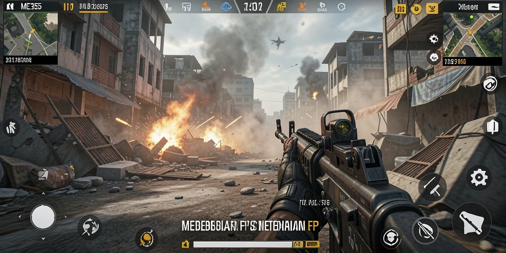 Tampilan permainan ME355 dengan aksi FPS yang intens.