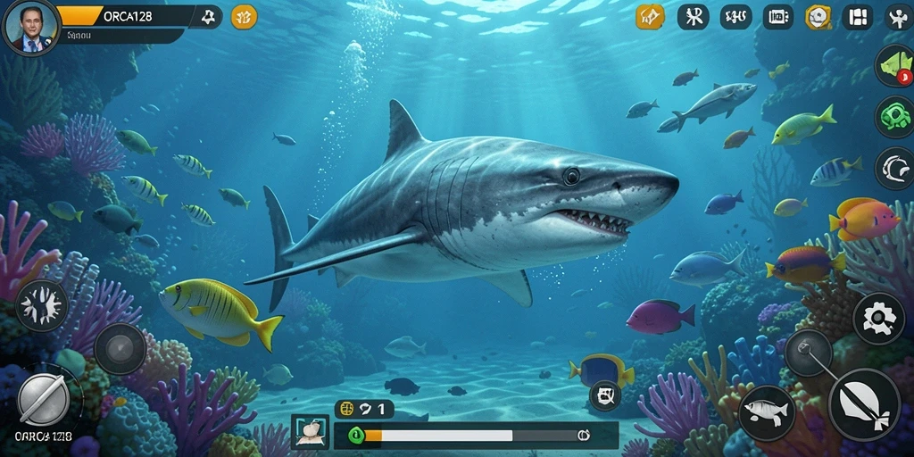 Tampilan gameplay ORCA128 dengan keindahan bawah laut.