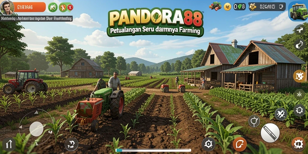 Screenshot gameplay <strong>PANDORA88</strong> menunjukkan suasana pertanian yang ceria dan interaktif.